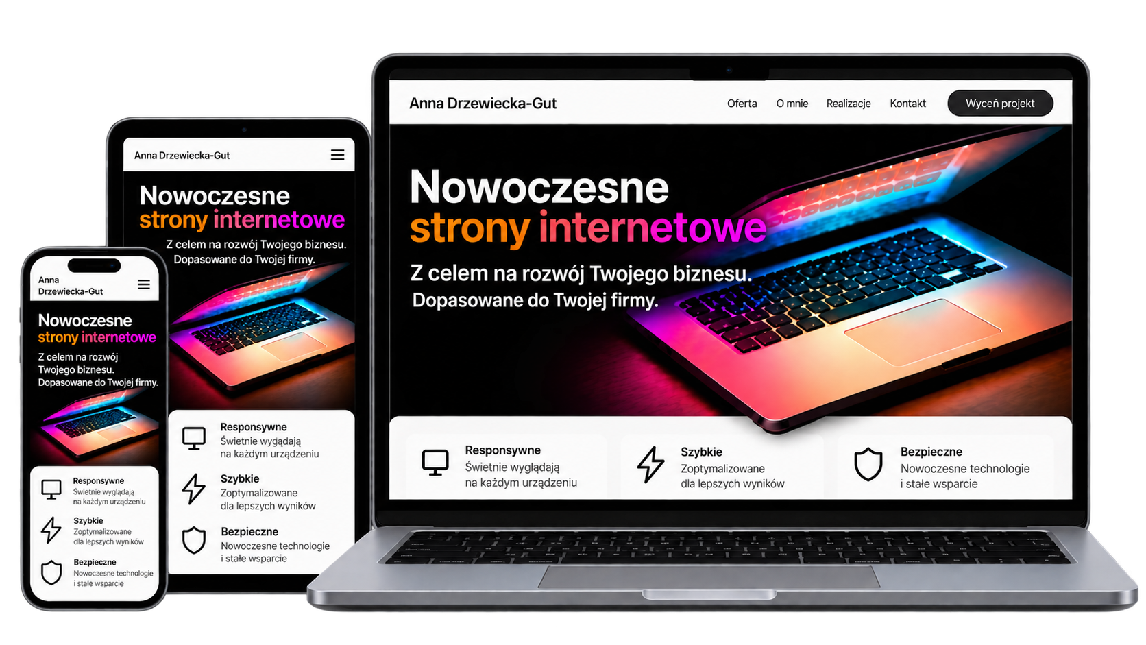 Responsywna strona internetowa wyświetlana na laptopie, tablecie i telefonie